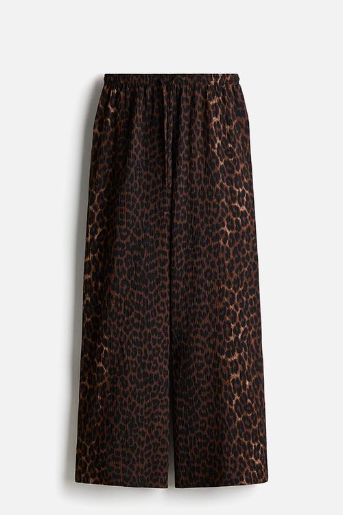 Wide pull-on trousers - dark brown leopard print 