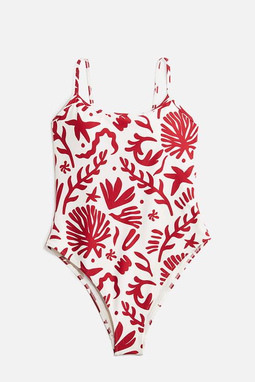 Padded-cup high leg swimsuit - white & dark red patterned