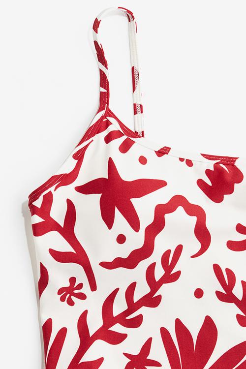 Padded-cup high leg swimsuit - white & dark red patterned