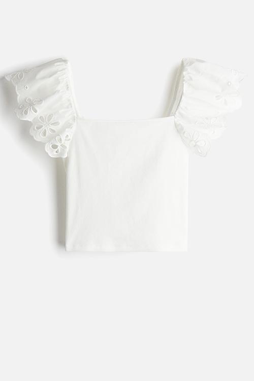 Broderie anglaise-detail ribbed top - cream