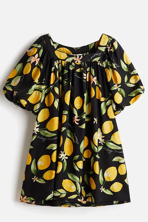 Balloon-sleeved tunic dress - black/lemons