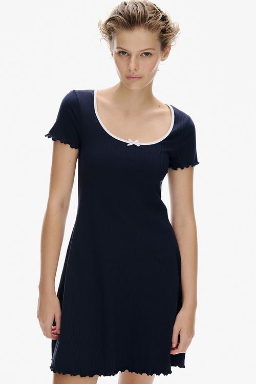 Overlock-detail flared-skirt dress - dark blue