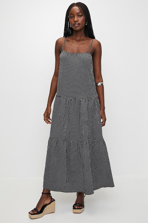 Ladies Strappy Printed Tiered Midi Dress - Black & White