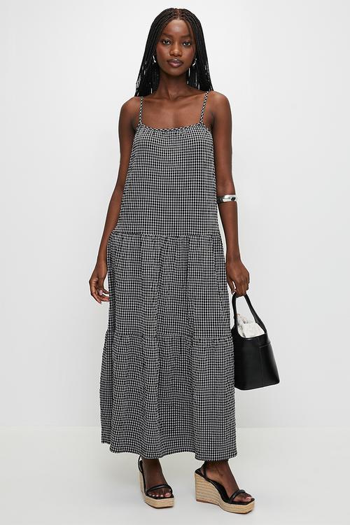 Ladies Strappy Printed Tiered Midi Dress - Black & White