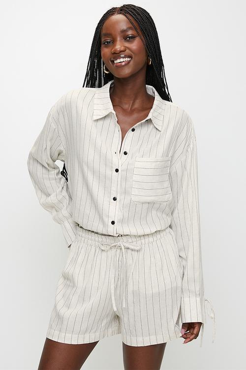 Ladies Elasticated Waist Stripe Short - Ecru/Black