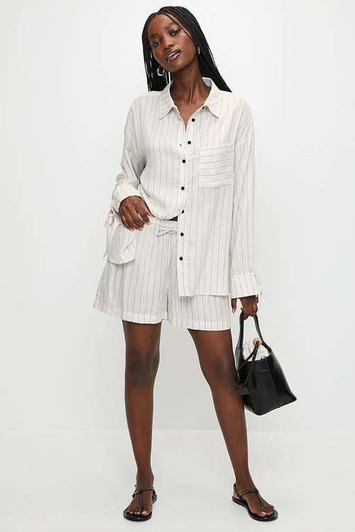 Ladies Elasticated Waist Stripe Short - Ecru/Black