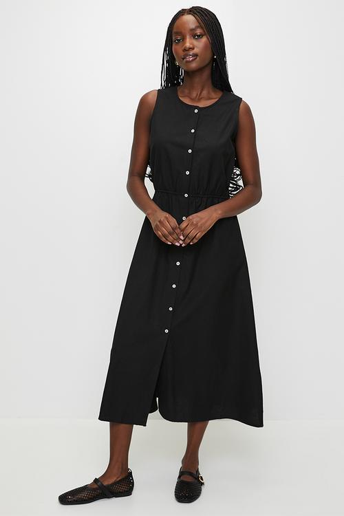 Ladies Sleeveless Button Down Midi Dress - Black