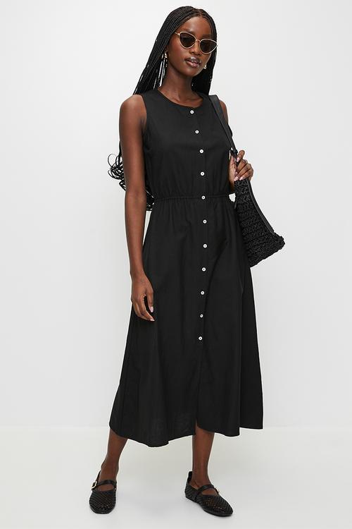 Ladies Sleeveless Button Down Midi Dress - Black