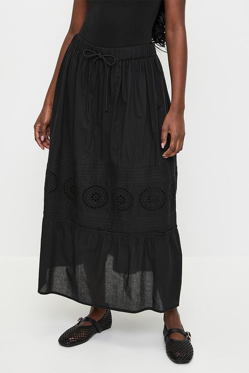 Ladies Tiered Maxi Skirt With Embroidery Detail - Black