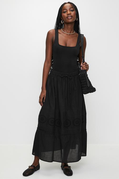 Ladies Tiered Maxi Skirt With Embroidery Detail - Black