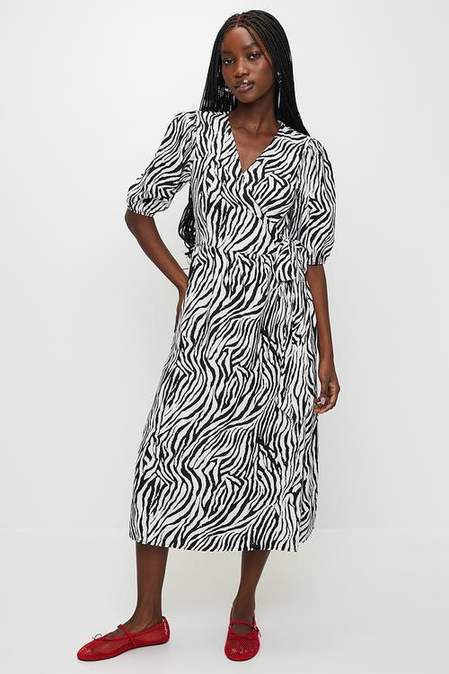 Ladies Quarter Length Sleeve Maxi WrapDress With Tier Hem - Black/White Zebra