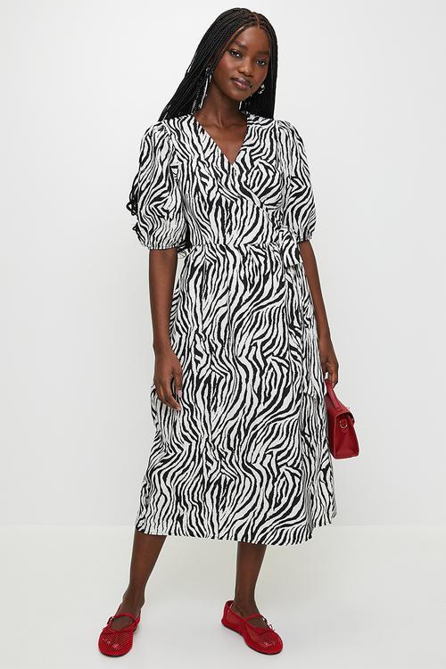 Ladies Quarter Length Sleeve Maxi WrapDress With Tier Hem - Black/White Zebra