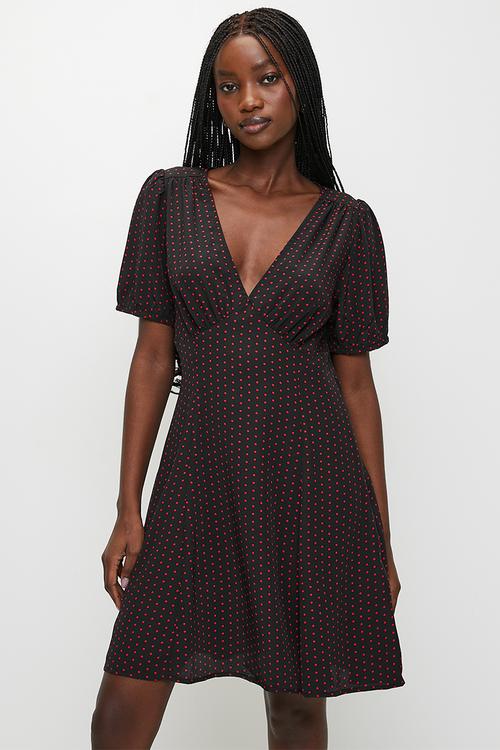 Ladies V-Neck Short Sleeve Mini Printed Dress - Black & Red Spot
