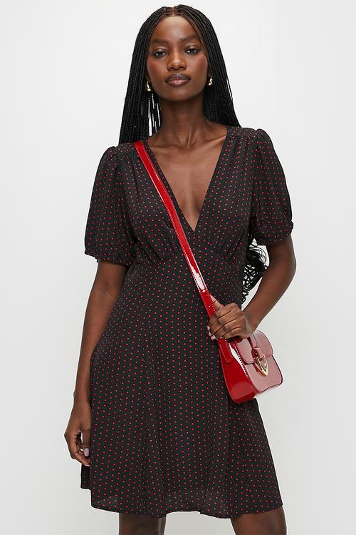 Ladies V-Neck Short Sleeve Mini Printed Dress - Black & Red Spot