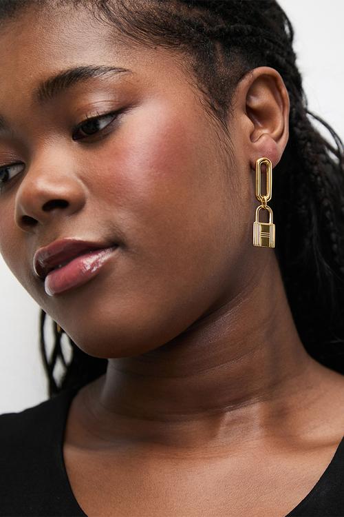 Modern hoop and padlock earrings - gold