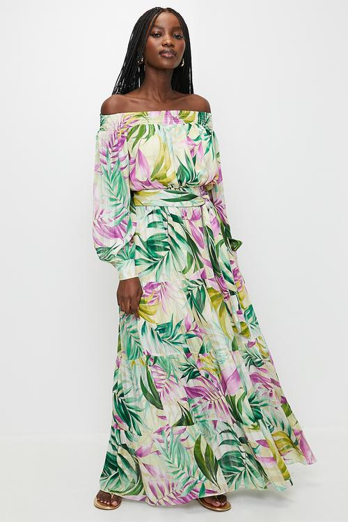 Josee Off Shoulder Long Dress - Tropical Escape Print