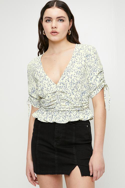 Ladies V-Neck Short Tie Sleeves Top - Cream/Blue