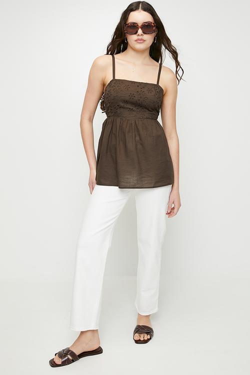 Ladies Broiderie Woven Vest - Brown