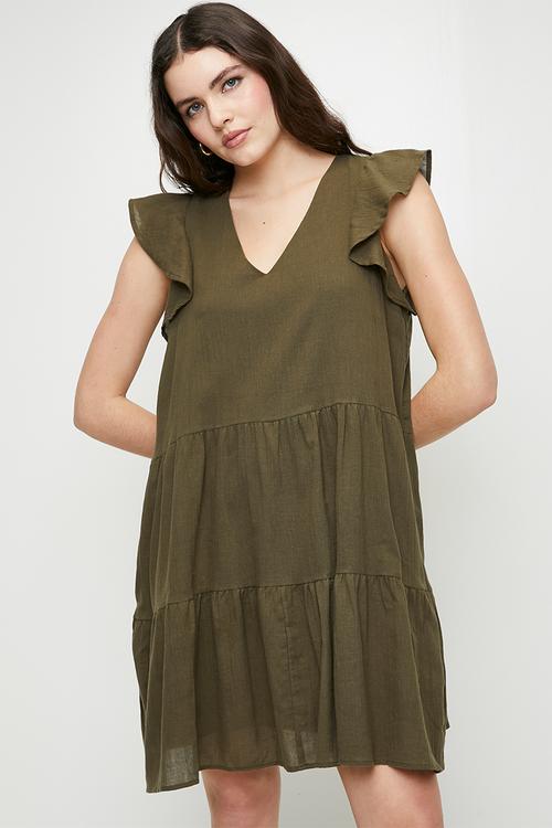 Ladies Short Sleeve V-Neck Tiered Dress - Khaki