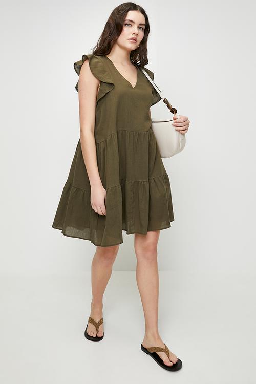 Ladies Short Sleeve V-Neck Tiered Dress - Khaki