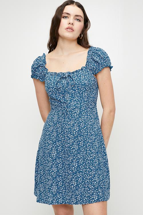 Ladies Short Sleeve Floral PrintTie Front Mini Dress - Blue/White