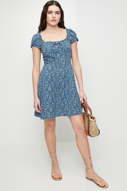 Ladies Short Sleeve Floral PrintTie Front Mini Dress - Blue/White