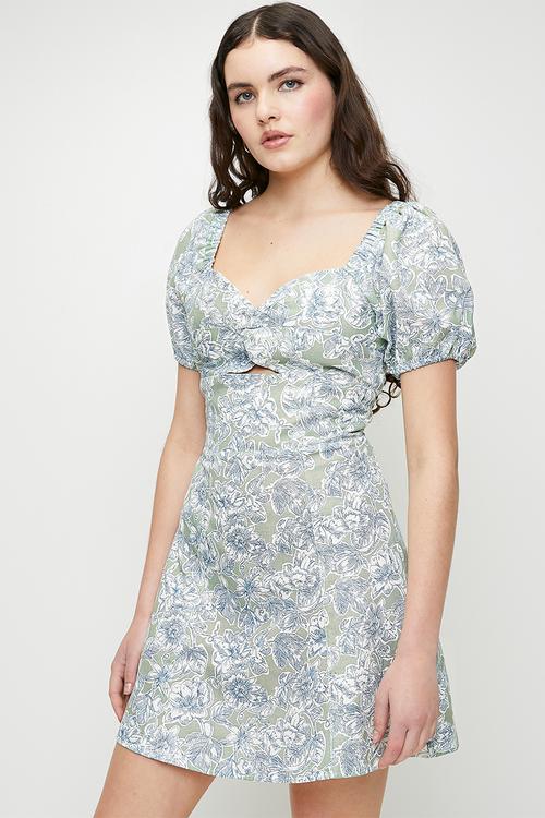 Ladies Floral Mini Dress WithPuff Sleevex - Green
