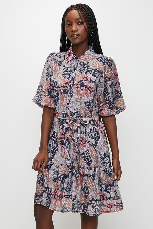 Button Through One Tier Midi Dress With Tie Belt - Multi 