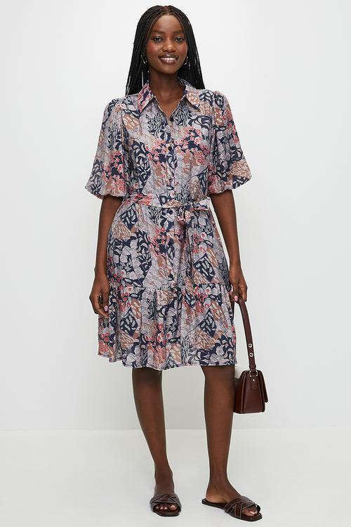 Button Through One Tier Midi Dress With Tie Belt - Multi 