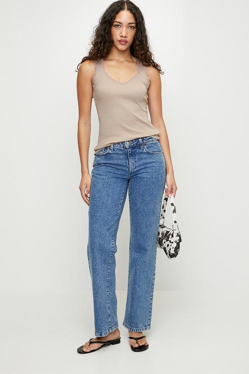 Ladies V Neck Ribbed Vest With Lace Trim - Taupe