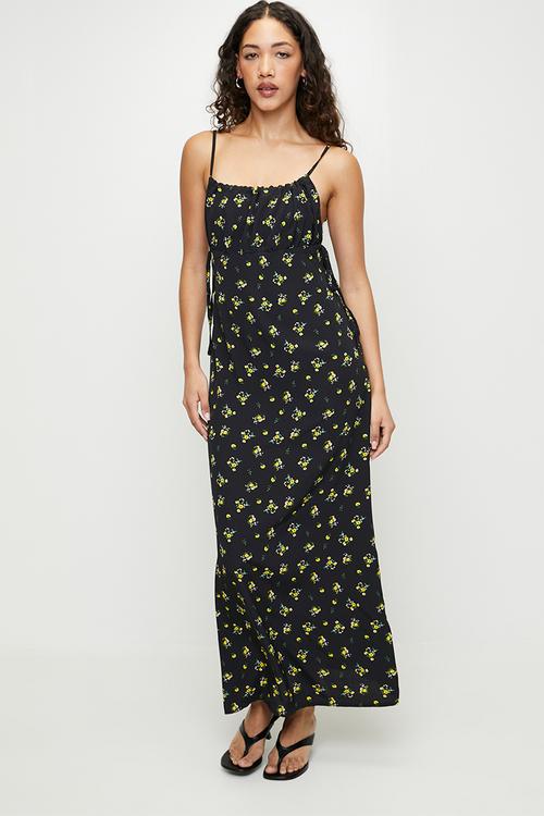 Ladies Strappy Floral Print Back Tie Maxi Dress - Black Base