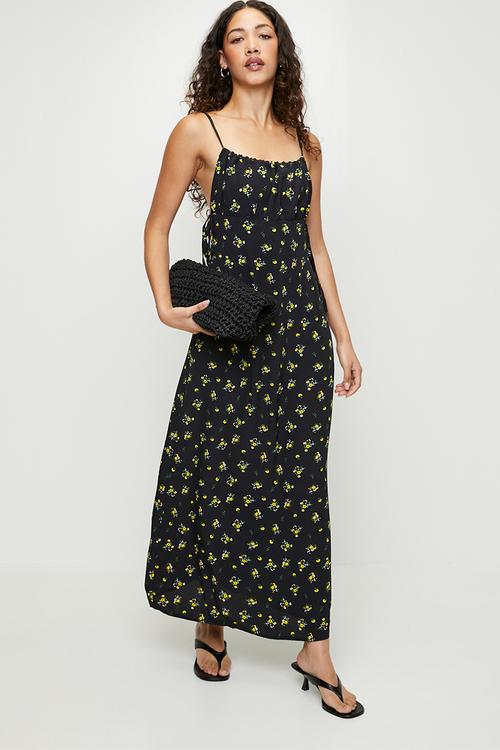 Ladies Strappy Floral Print Back Tie Maxi Dress - Black Base