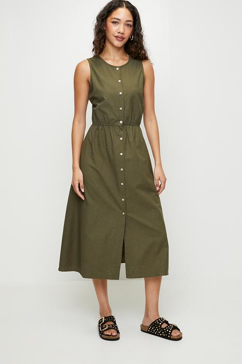 Ladies Sleeveless Button Down Midi Dress - Khaki