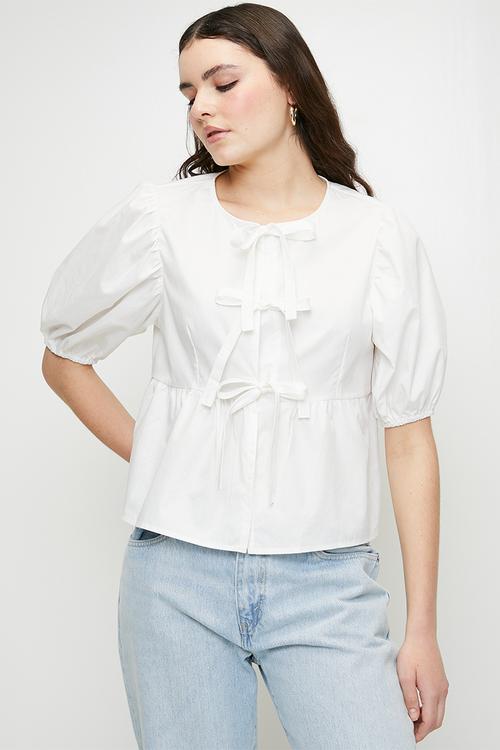 Ladies Short Puff Sleeve Poplin Blouse With Frill Detail - White