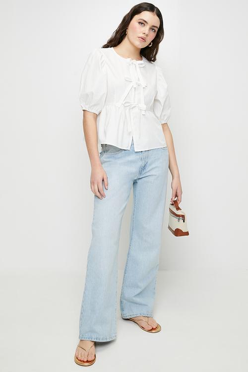 Ladies Short Puff Sleeve Poplin Blouse With Frill Detail - White