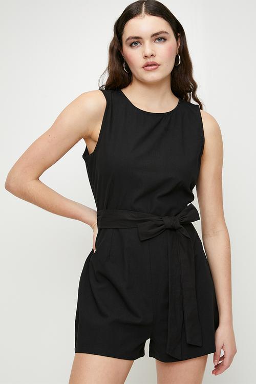 Ladies Linen Look Playsuit With Tie Waist Detail - Black