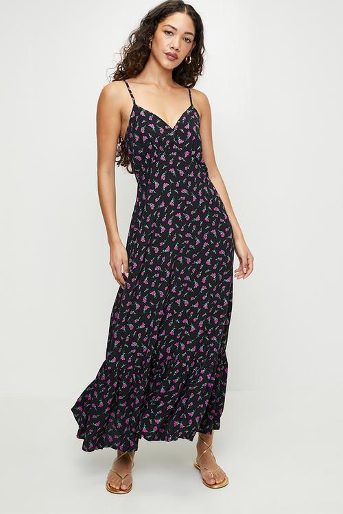 Ladies Strappy V-Neck Floral Print Gathered  Midi Dress - Black Base