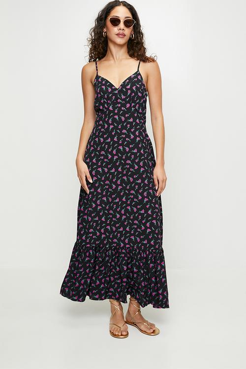 Ladies Strappy V-Neck Floral Print Gathered  Midi Dress - Black Base