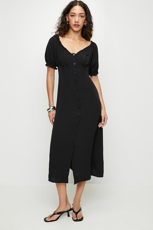 Ladies Short Puff Sleeves Front Button Through Midi Dress - Black