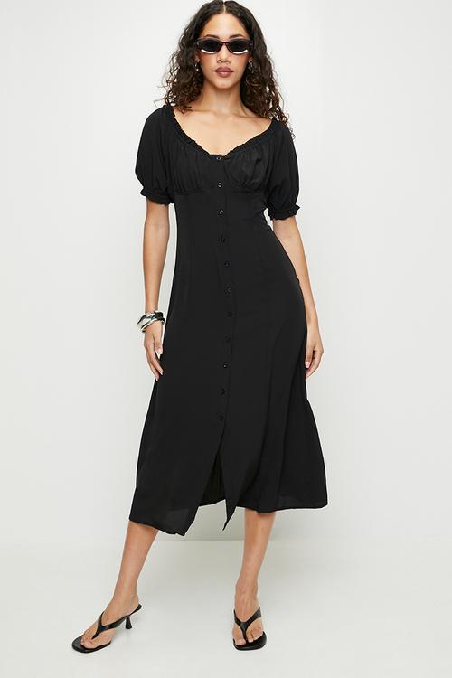 Ladies Short Puff Sleeves Front Button Through Midi Dress - Black