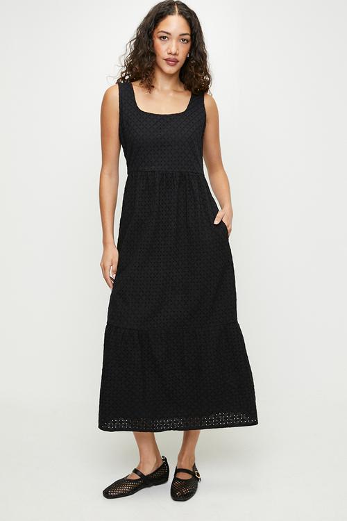 Ladies Strappy Tiered Broiderie Maxi Dress - Black