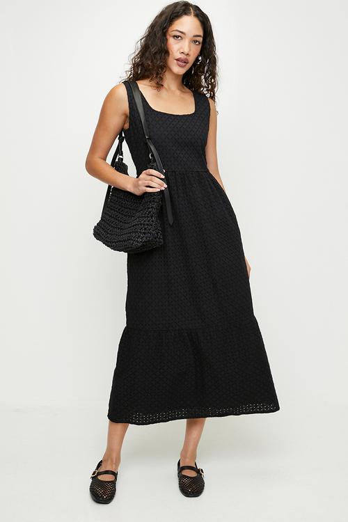 Ladies Strappy Tiered Broiderie Maxi Dress - Black