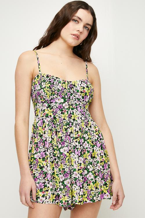 Ladies Multi Colour Big Floral Print Corset Playsuit - Multi 