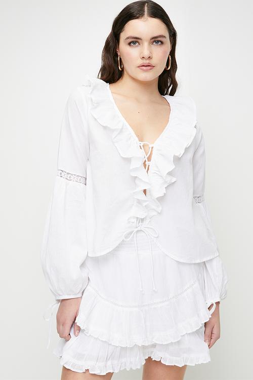 Ladies Long Sleeve Top With Tie Front And Frill Detail - White