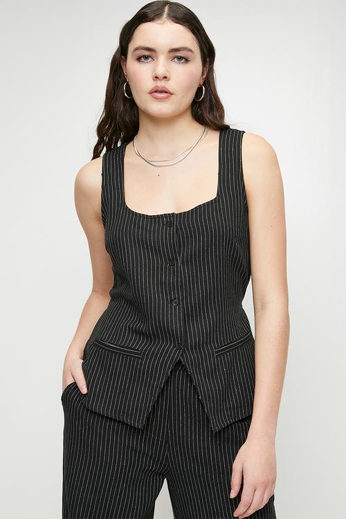 Ladies Woven Tailored Stripe Vest - Black & White