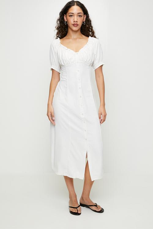 Ladies Short Puff Sleeves Front Button Through Midi Dress - Cream
