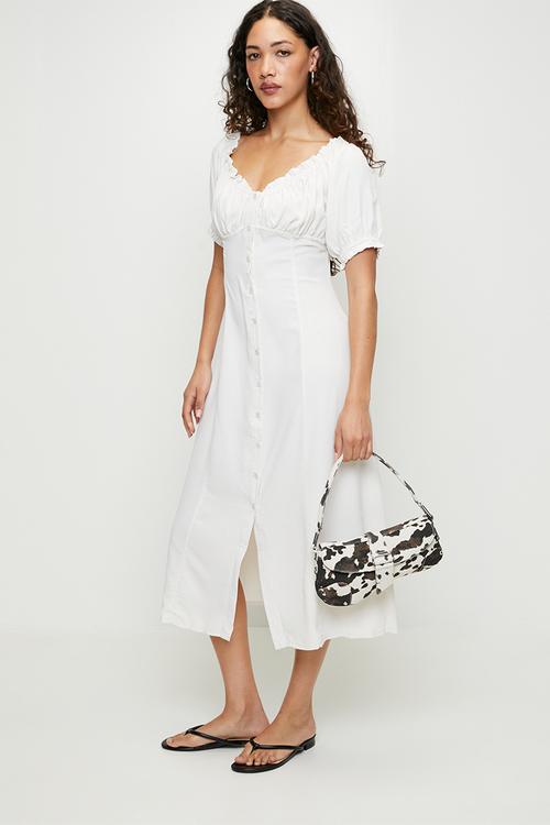 Ladies Short Puff Sleeves Front Button Through Midi Dress - Cream