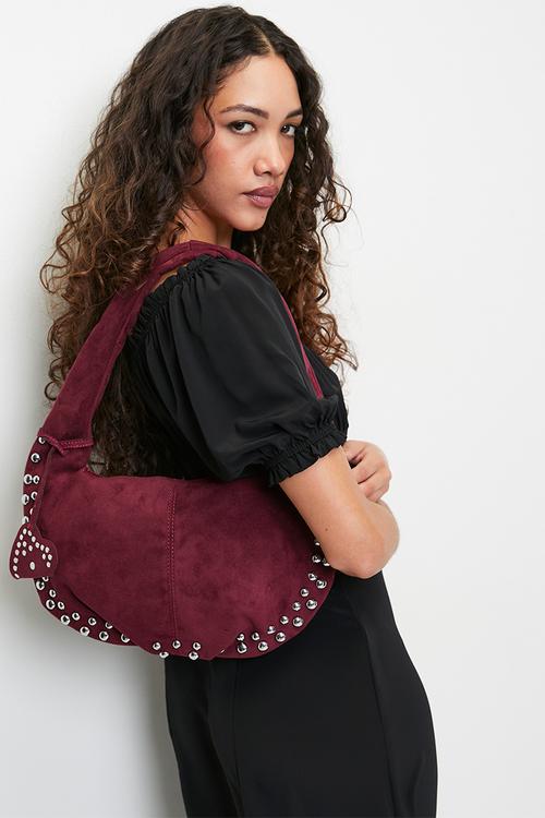 Edith studded shoulder bag with heart pouch bag charm - red