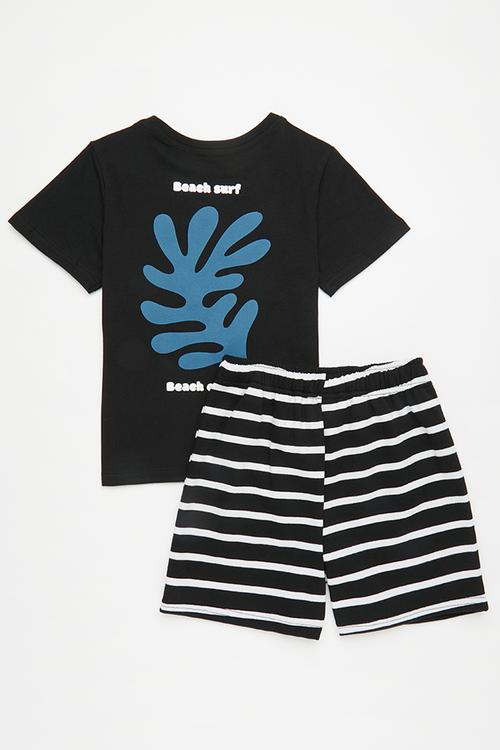 Placement print tee with shorts - black/stripe