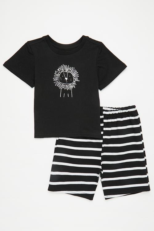 Placement print top with striped shorts - black/lion